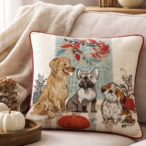 Pier 1 One Embroidered Autumn Dog French Bulldog Golden Retriever 15" Pillow